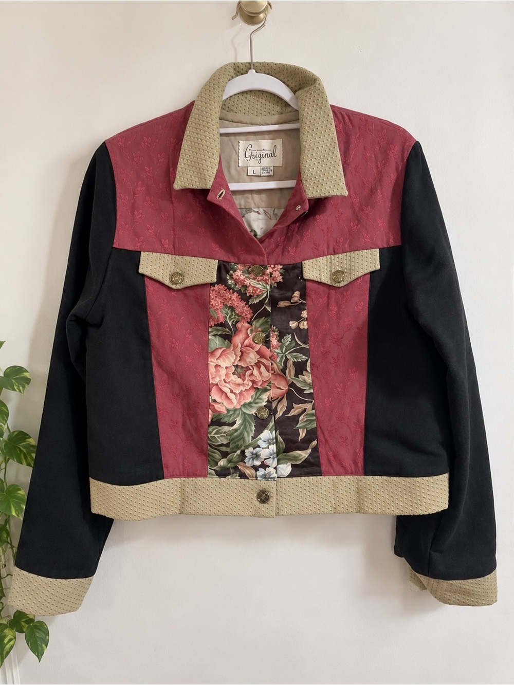 VTG 90s Sharon LoMonaco Patchwork Tapestry Jacket Floral Rose Pink Jacquard L